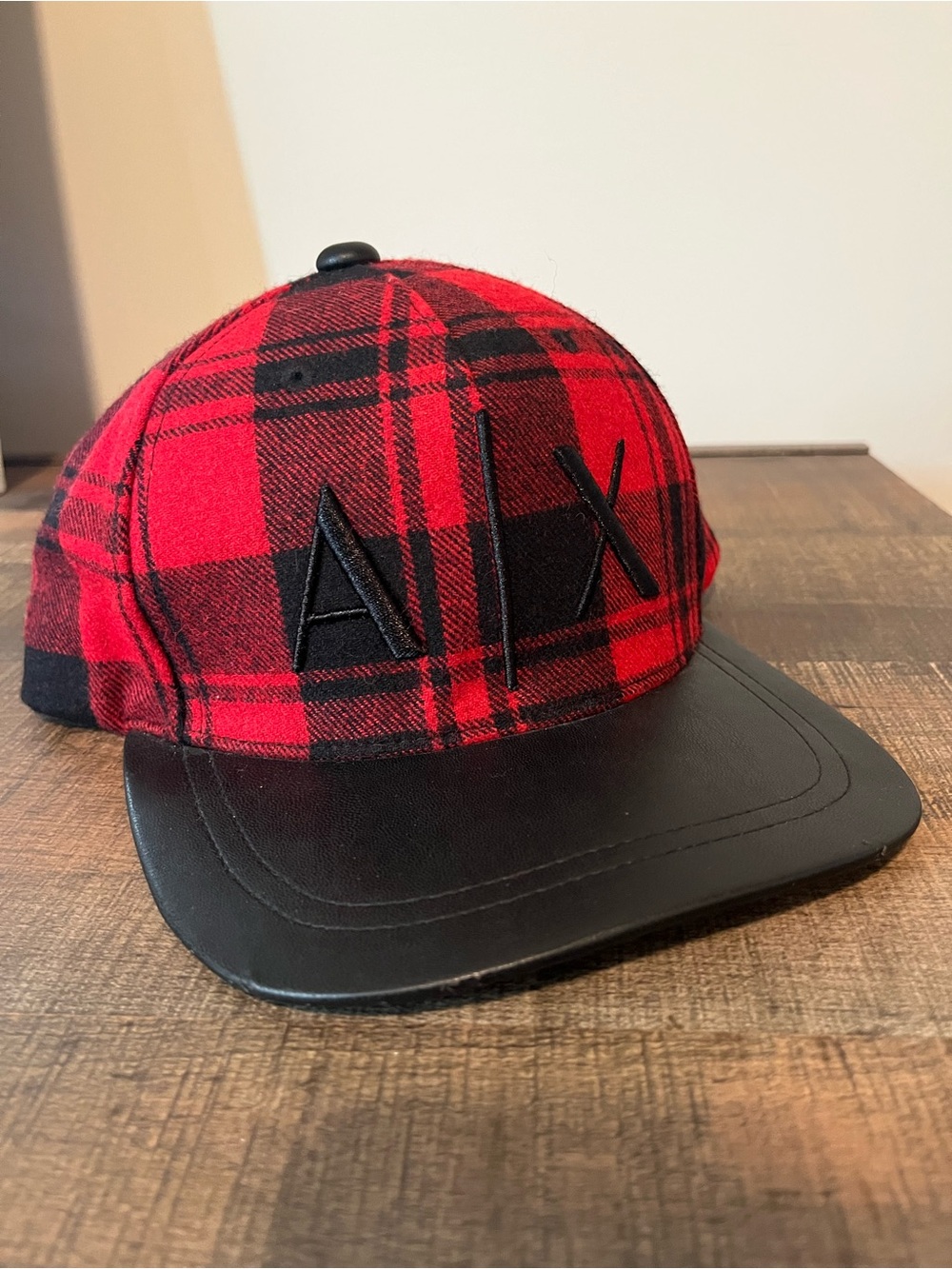 Armani Exchange AX Men's Snapback Hat Cap Red Black Plaid Flat Bill Leather Brim